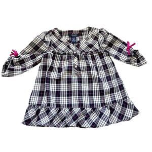 Chaps Girls' Sz 3T Pink and Black Flannel Plaid Dress with Bow Sleeves Ruffles